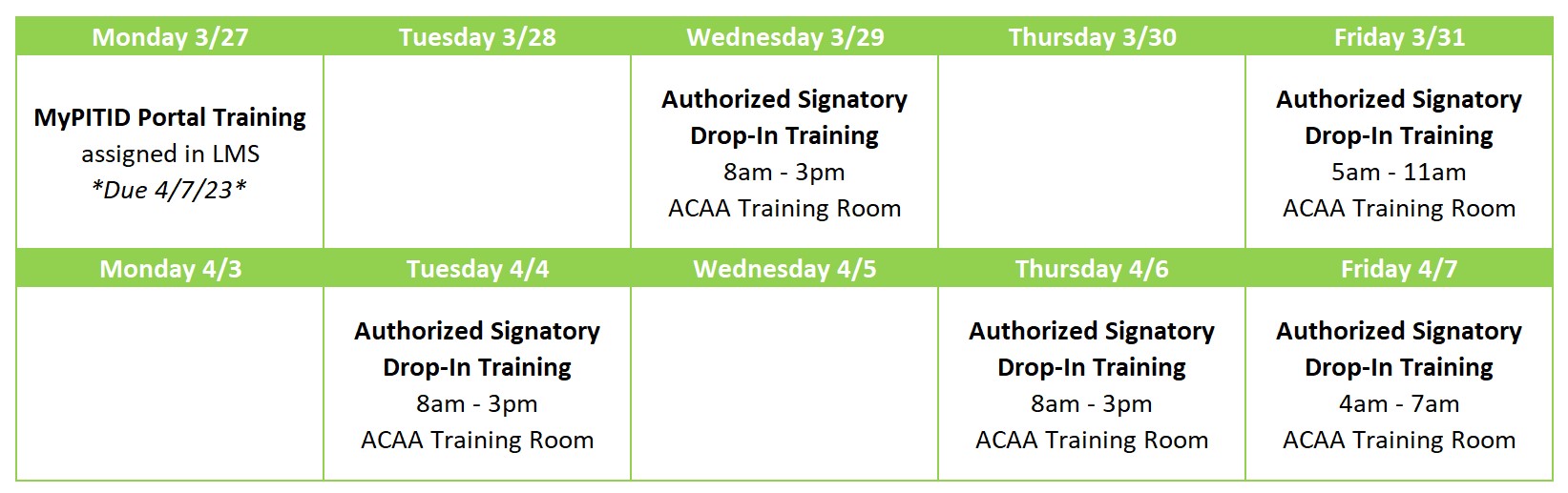 Authorized Signatory Training Calendar